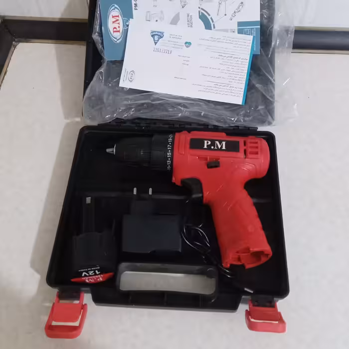 پیچگوشتی شارژی دریل شارژی تک باتری 12 ولت برند pm به همراه کیف حمل و شارژ کننده باتری آن قسمت توضیحات محصول از دست ندین