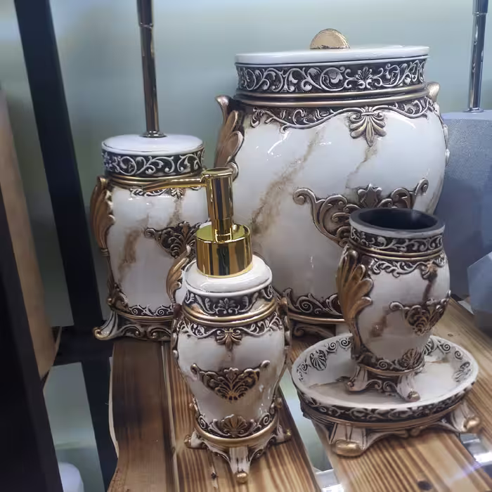 ست 6 پارچه رزین خمره ماربل سفید طلایی با جاصابونی هدیه