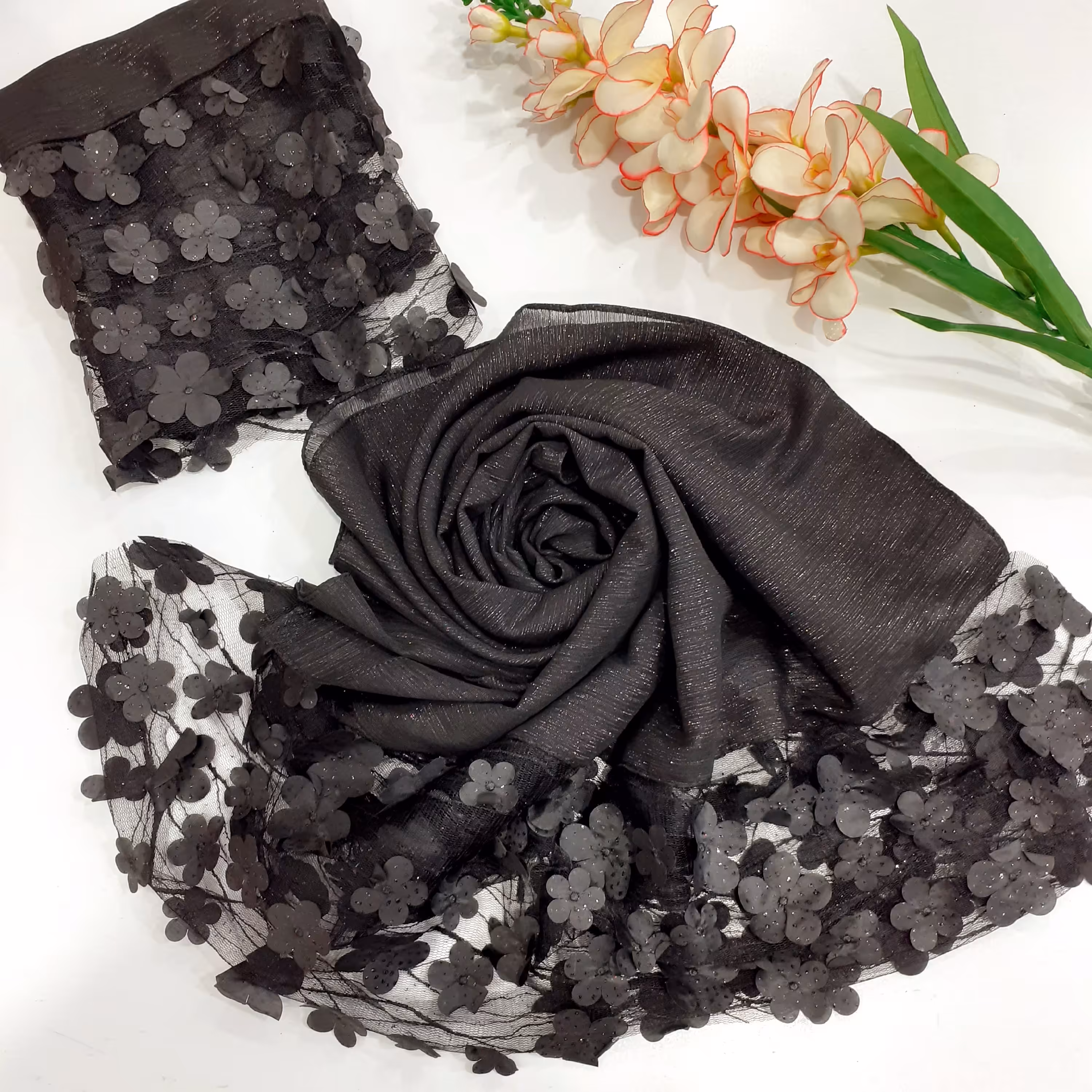 شال مشکی مجلسی دستک گل 