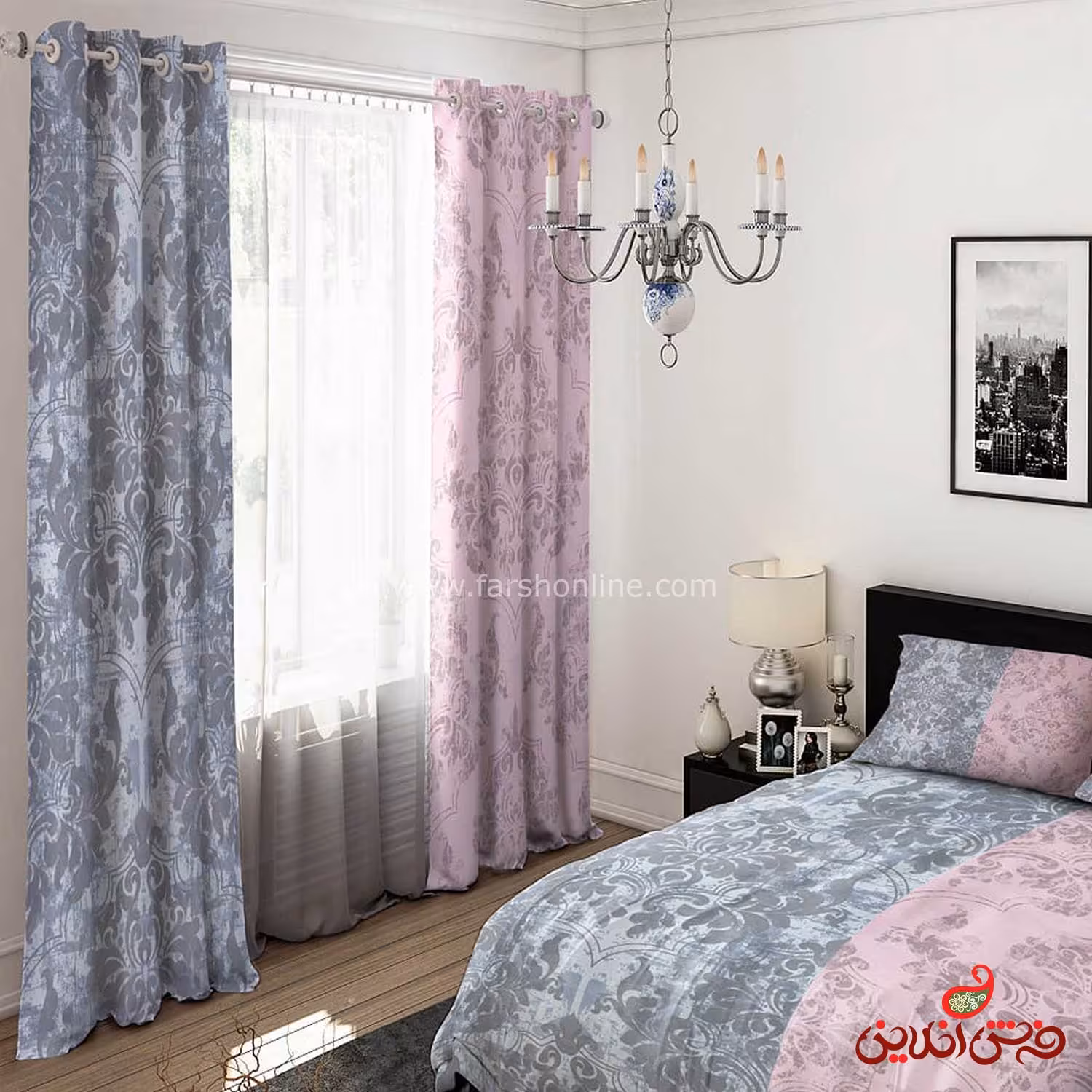 پرده 2 عددی طرح دورنگ  طوسی بنفش کد 15069/1