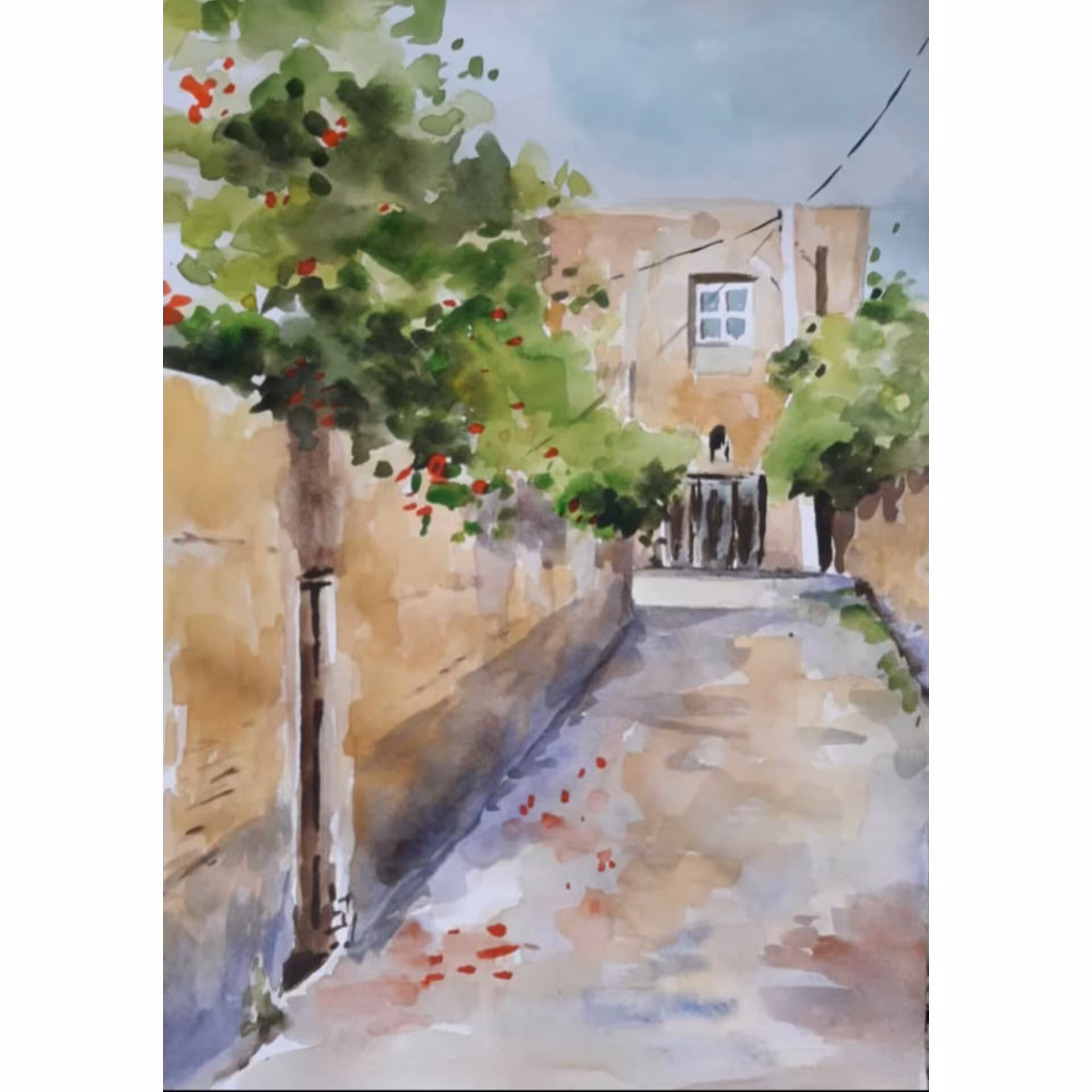 تابلو نقاشی آبرنگ    منظره کوچه باغ   ابعاد 35 در 25 هست با قاب و شیشه