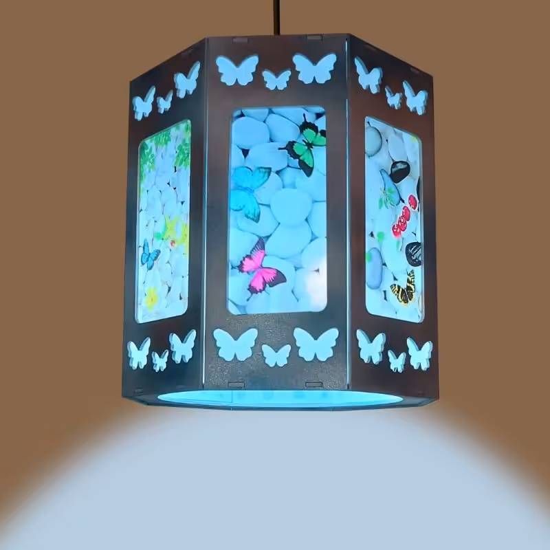 لوستر تک شعله مصور- مدل پروانه و سنگ- کد B510- رنگ  طوسی ملایم با سایه آبی و نقره ای- مناسب لامپ کم مصرف