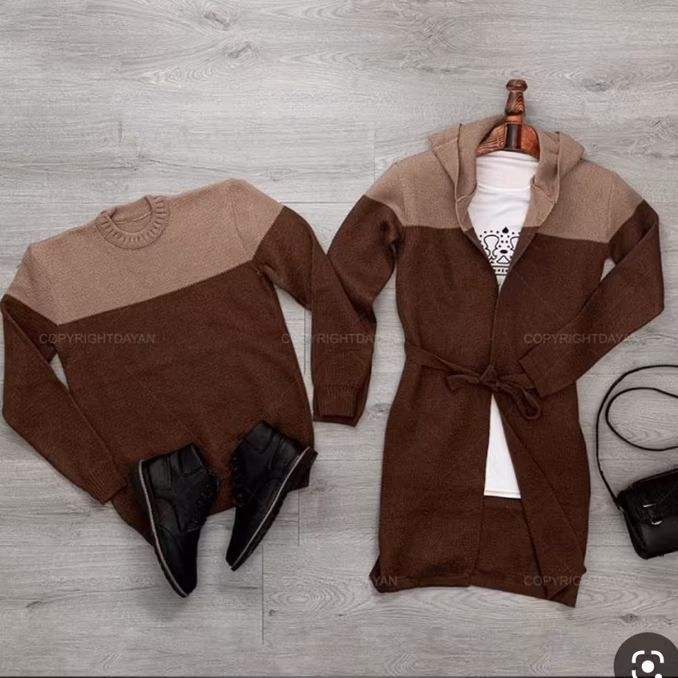 ست بافت زن و مرد بافت قهوه ای سایز بزرگ