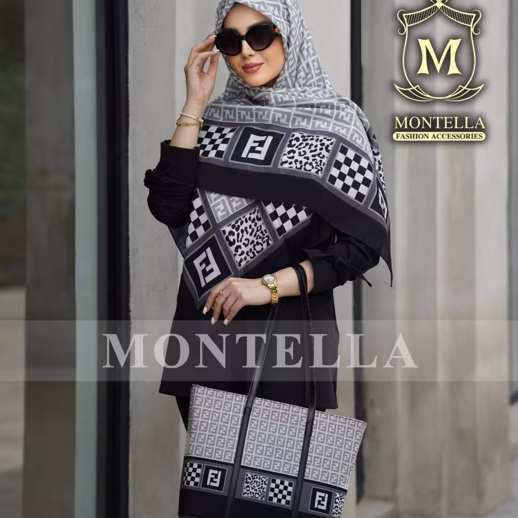 ست کیف و روسری زنانه رنگ مشکی طرح فندی با کیف مستطیلی بزرگ دسته چرمی و روسری نخی ارسال رایگان  mo84