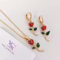 نیم ست گل رز شیک و خوشگل با آبکاری طلا و رنگ ثابت و ضد حساسیت 