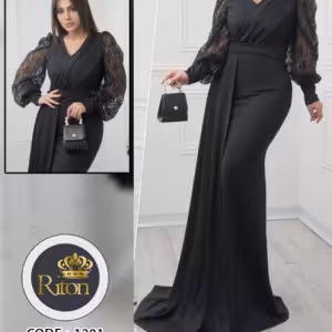 ماکسی مجلسی بلند مشکی کرپ و دانتل کد 1301