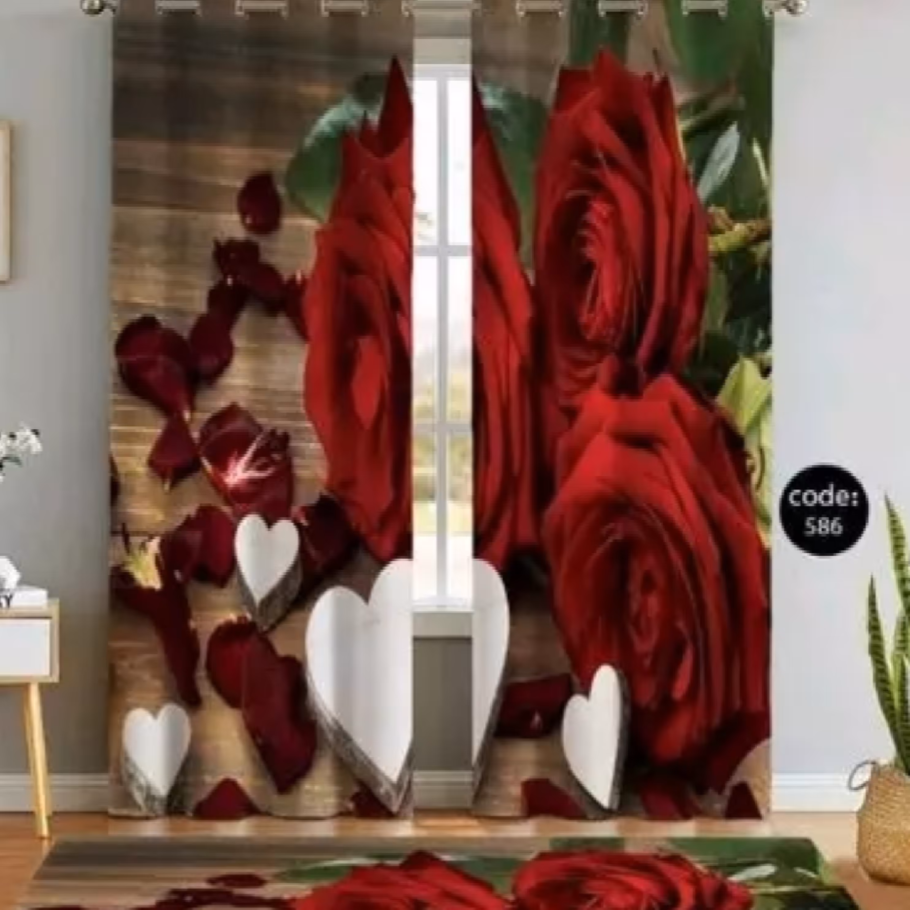 ست روتختی دونفره میکروتنسل با پرده مخمل کالیفرنیا طرح رزا