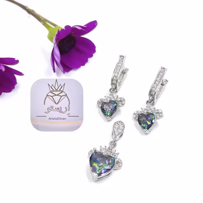 نیمست نقره توپاز هفت رنگ(با زنجیر)با عیار 925 و آبکاری طلاسفید