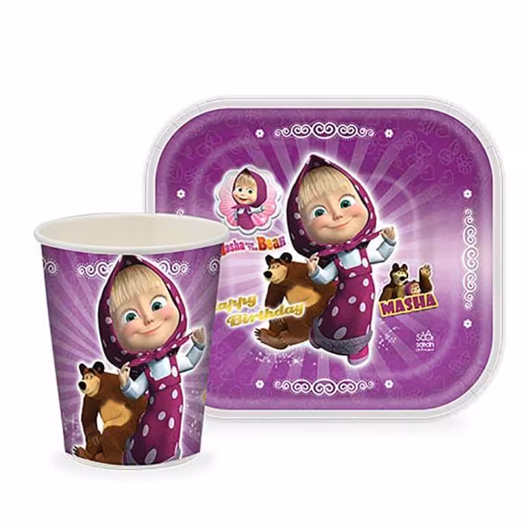 پیش دستی و لیوان تم تولد میشا و ماشا | 20 عددی