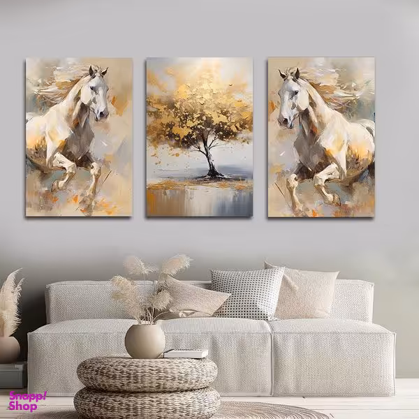 تابلو شاسی بکلیت طرح نقاشی مدرن اسب و درخت مدل SH-1602 مجموعه 3 عددی