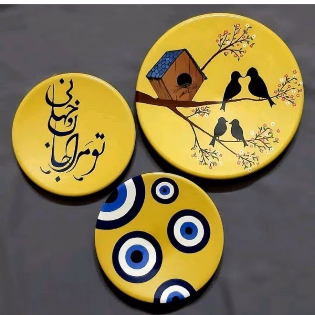 ست زرد رنگ 3 تیکه دیوارکوب سفالی