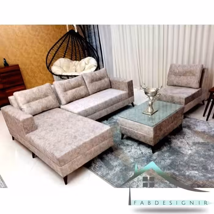 مبل ال راحتی با پارچه طرح چرم با پاف و صندلی تک