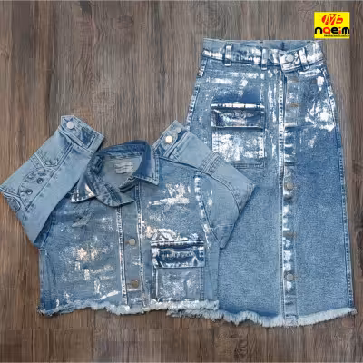 ست دو تیکه لی آبی کت و دامن کت کوتاه پایین ریش دامن اسپرت براق