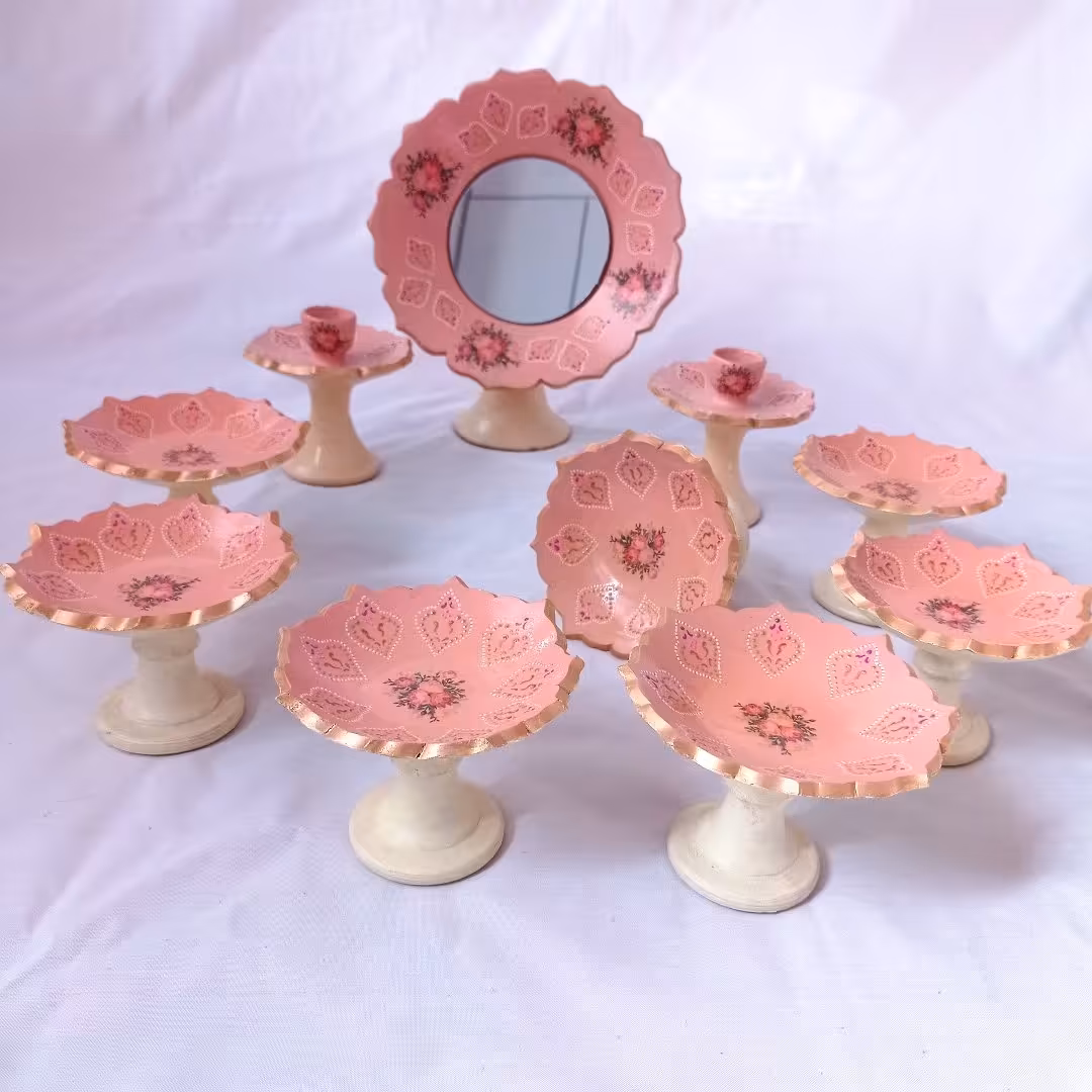 هفت سین سفالی ده تیکه ترکیب نقطه کوبی و ترانسفر بسیار شیک و زیبا