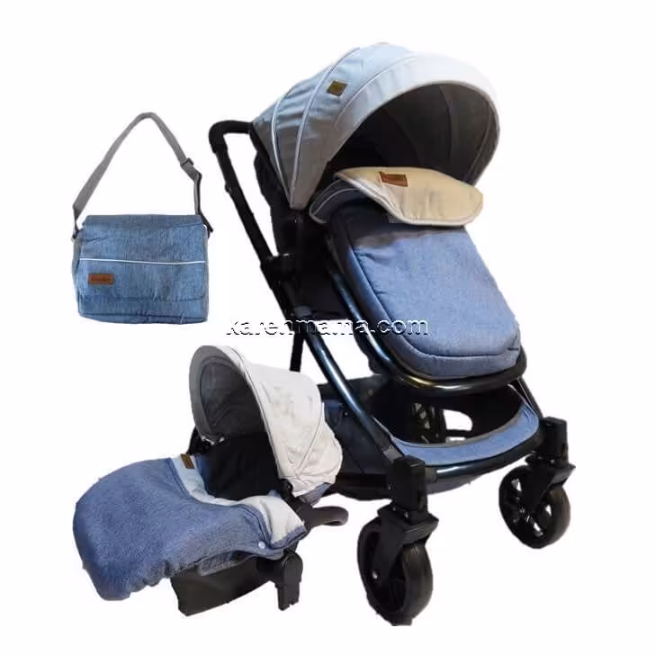ست کالسکه و کریر و ساک لوازم baby4life بیبی فور لایف مدل uk رنگ جین