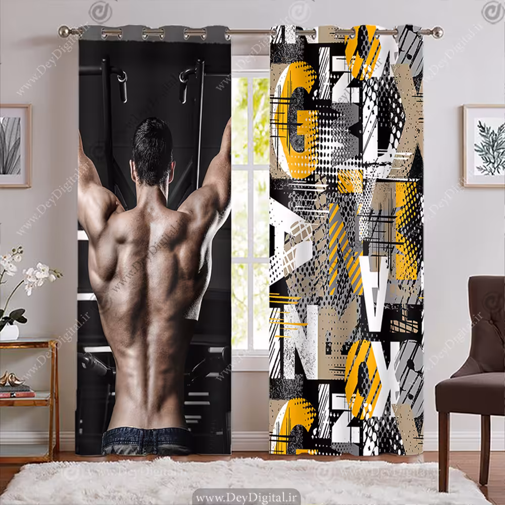 پرده چاپی باشگاه بدنسازی طرح عضلات کول و فیله کمر با زمینه تیره BA-7530-s