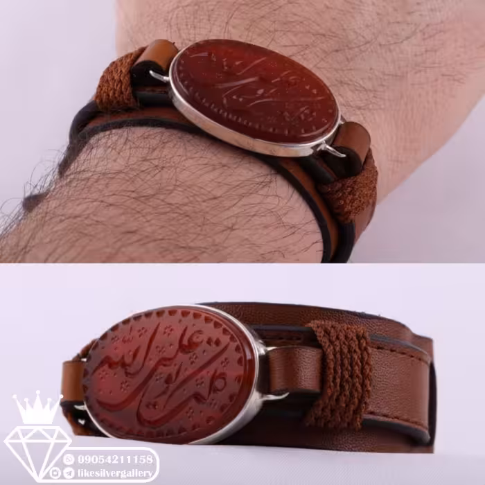 دستبندچرم طبیعی اصل نگین عقیق سرخ خطی منقش به توکلت علی الله 