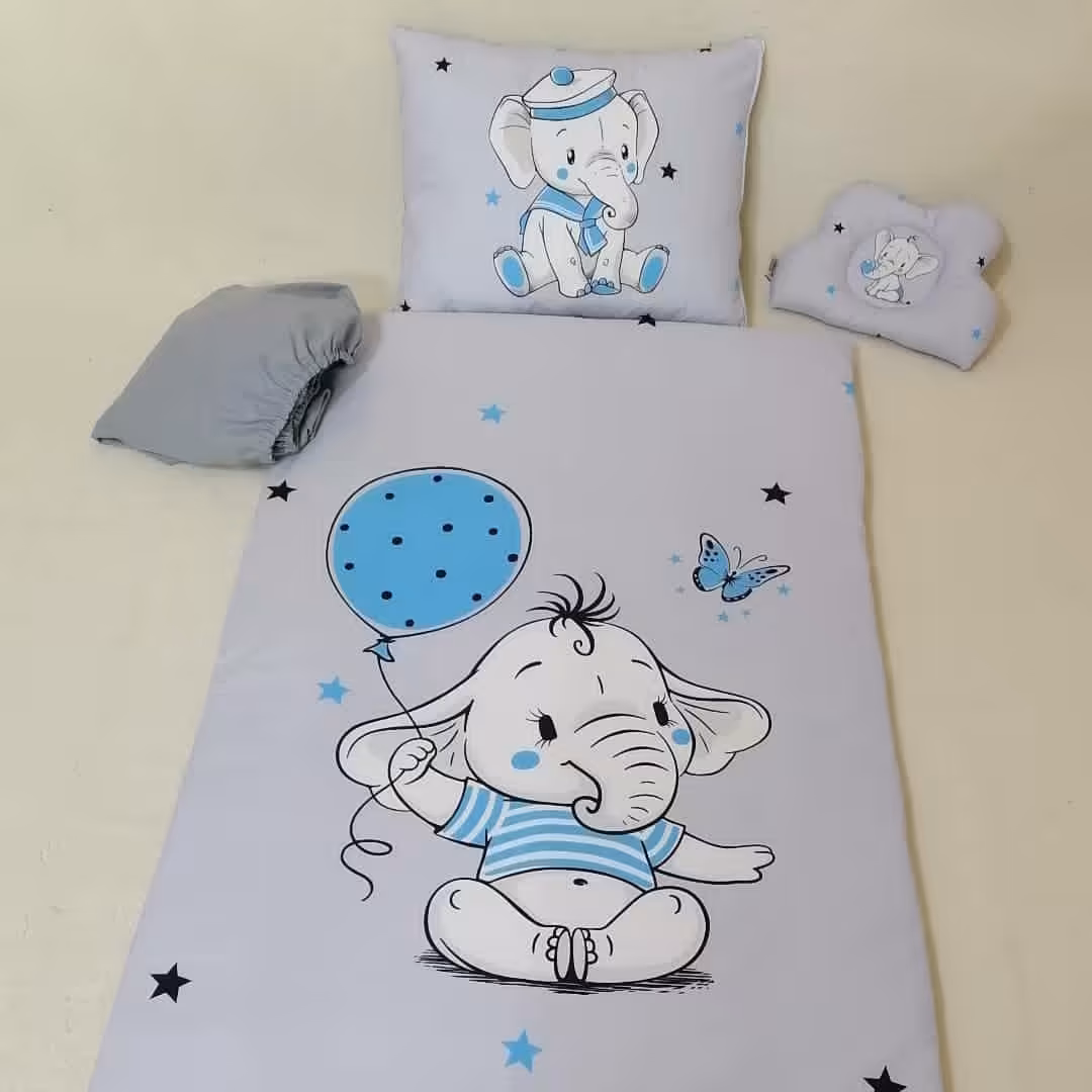 ست روتختی نوزادی شامل لحاف کاور تشک و بالشت ساده و بالشت فرمدهی نوزادی هیوادگالری و  نی نی دوخت