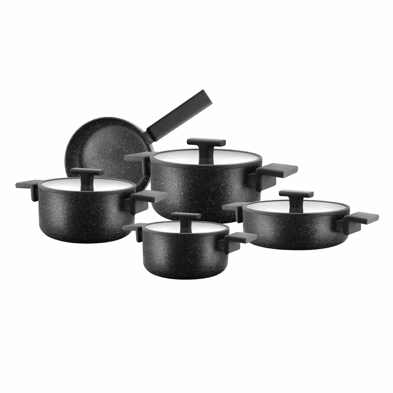 سرویس قابلمه 9 پارچه بایوگرانیت پرارین مدل استیما رنگ مشکی درب سیلیکون