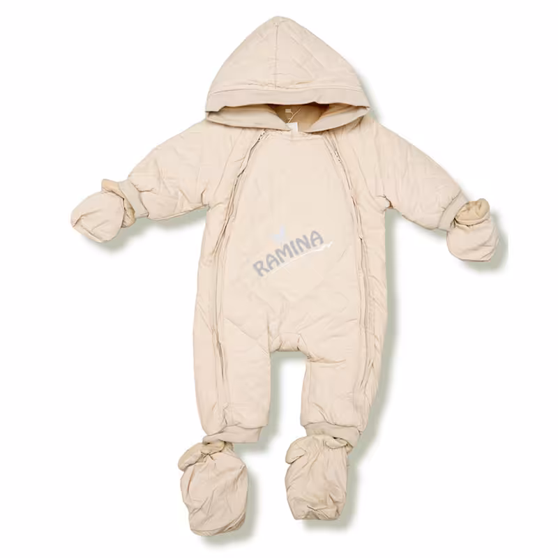 کاپشن سرهمی دستکش و پاپوش دار نوزاد طرح لوزی کرم