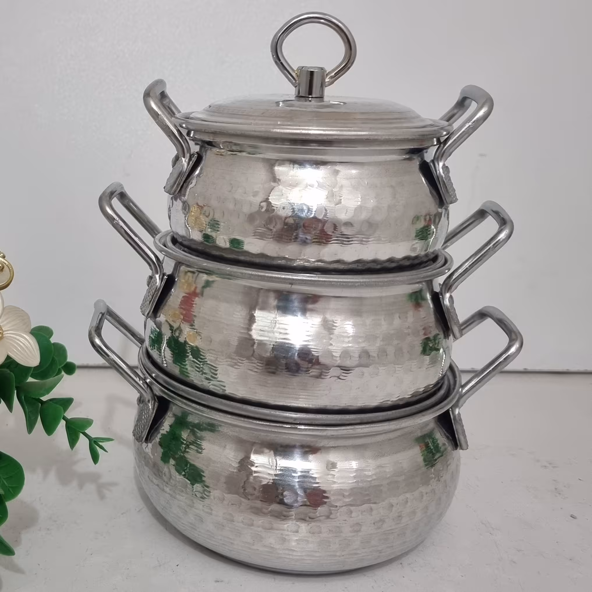 سرویس قابلمه چکشی خمره ای 3تایی نوزادی دسته نقره ای قبه فلزی