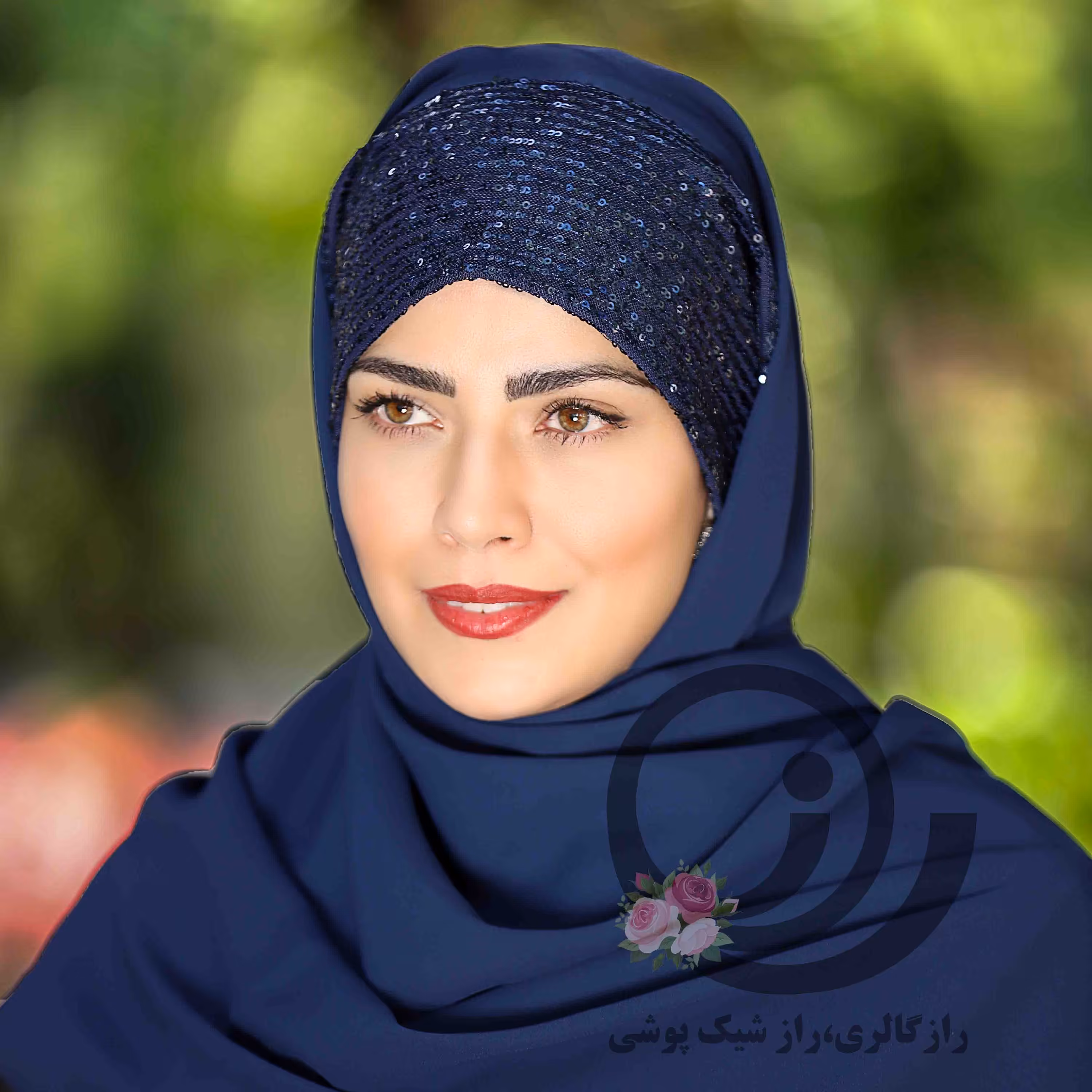 هدشال مجلسی کرپ حریر پولکی سرمه ای رازگالری