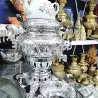 سرویس 4 پارچه قلمزنی سماور  گازی قلمکاری گازسوز گاز سوز بدون تنوره   با روکش کروم نیکل همراه  جام و سینی و قوری 