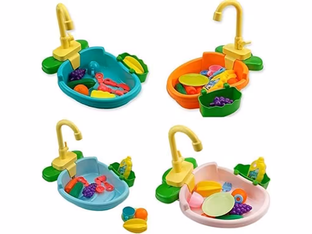 سینک ظرفشویی با شیرآب دارای پمپ همراه با لوازم آشپزخانه اسباب بازی