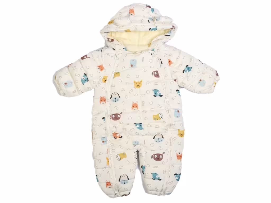 کاپشن سرهمی لاینردار توکرکی کلاه دار نوزادی سفید رنگ طرح حیوانات