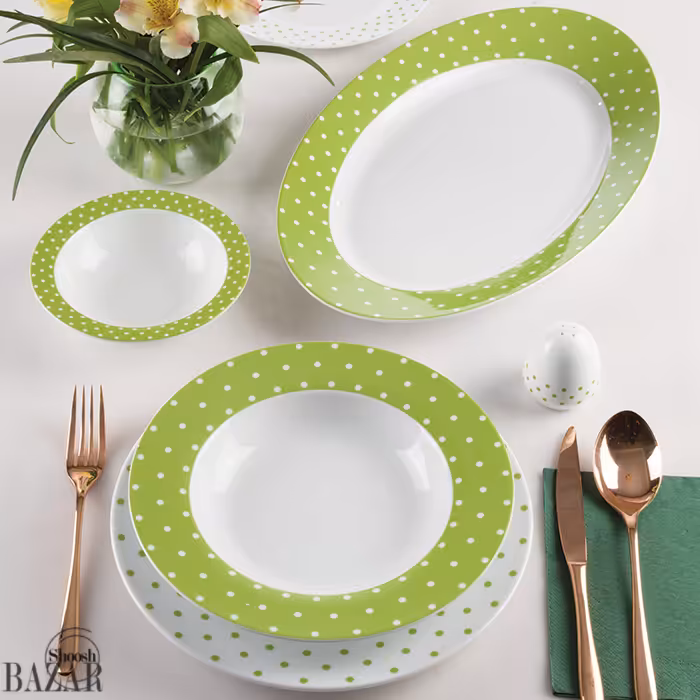 سرویس غذاخوری 6 نفره 28 پارچه مدل اسپاتی سبز سری ایتالیا اف چینی زرین