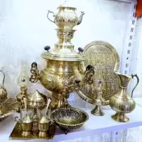 ست سماور استکانی قلم شیرو خورشید  برنجی زغالی با ستکامل 