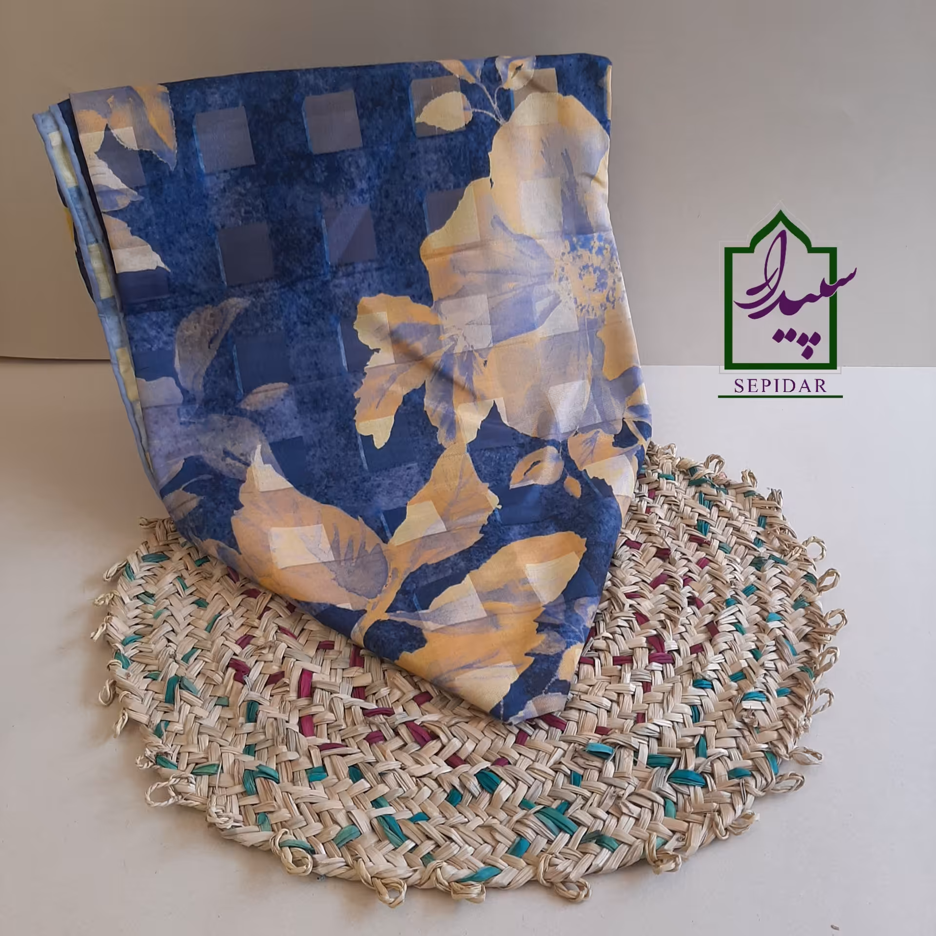 روسری گلدار نخی دور دست دوز قواره 140 سورمه ای زرد