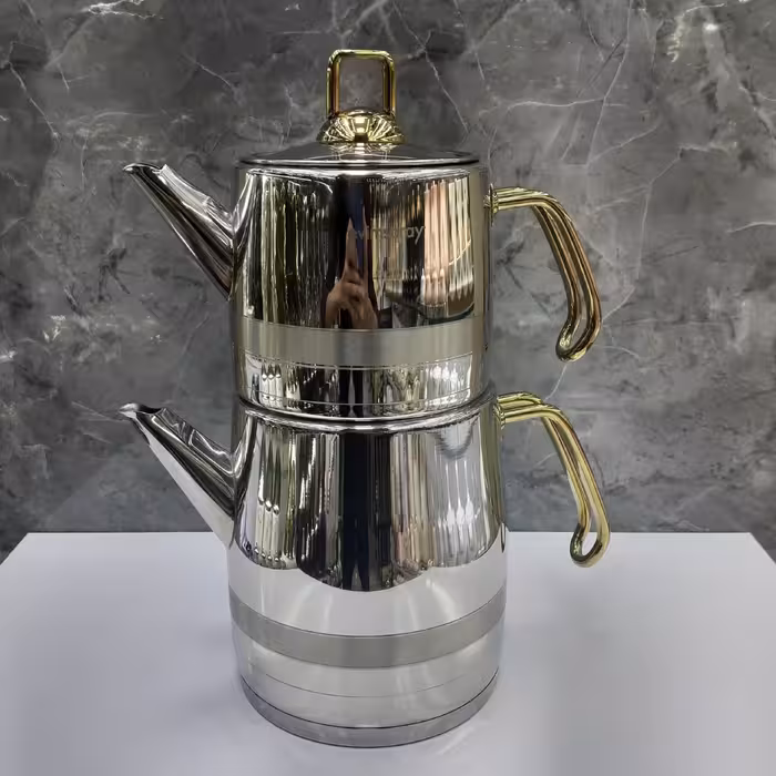 کتری قوری استیل ترک evimsaray با کفه اینداکشن، کد105 ، استیل ضد زنگ ، دسته استیل طلایی