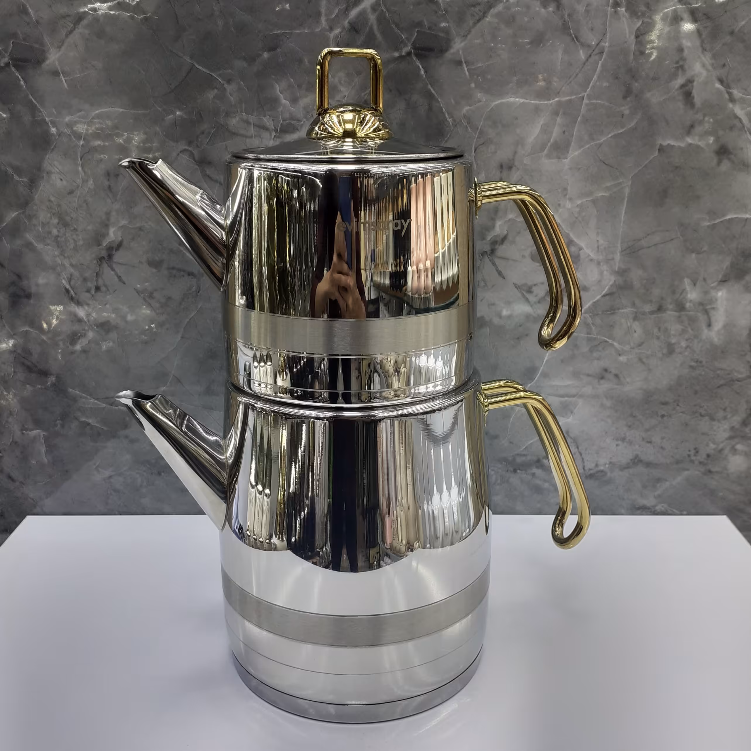 کتری قوری استیل ترک evimsaray با کفه اینداکشن، کد105 ، استیل ضد زنگ ، دسته استیل طلایی