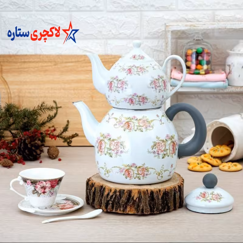 ست کتری لعابی و قوری چینی گلدار مدل تایلندی