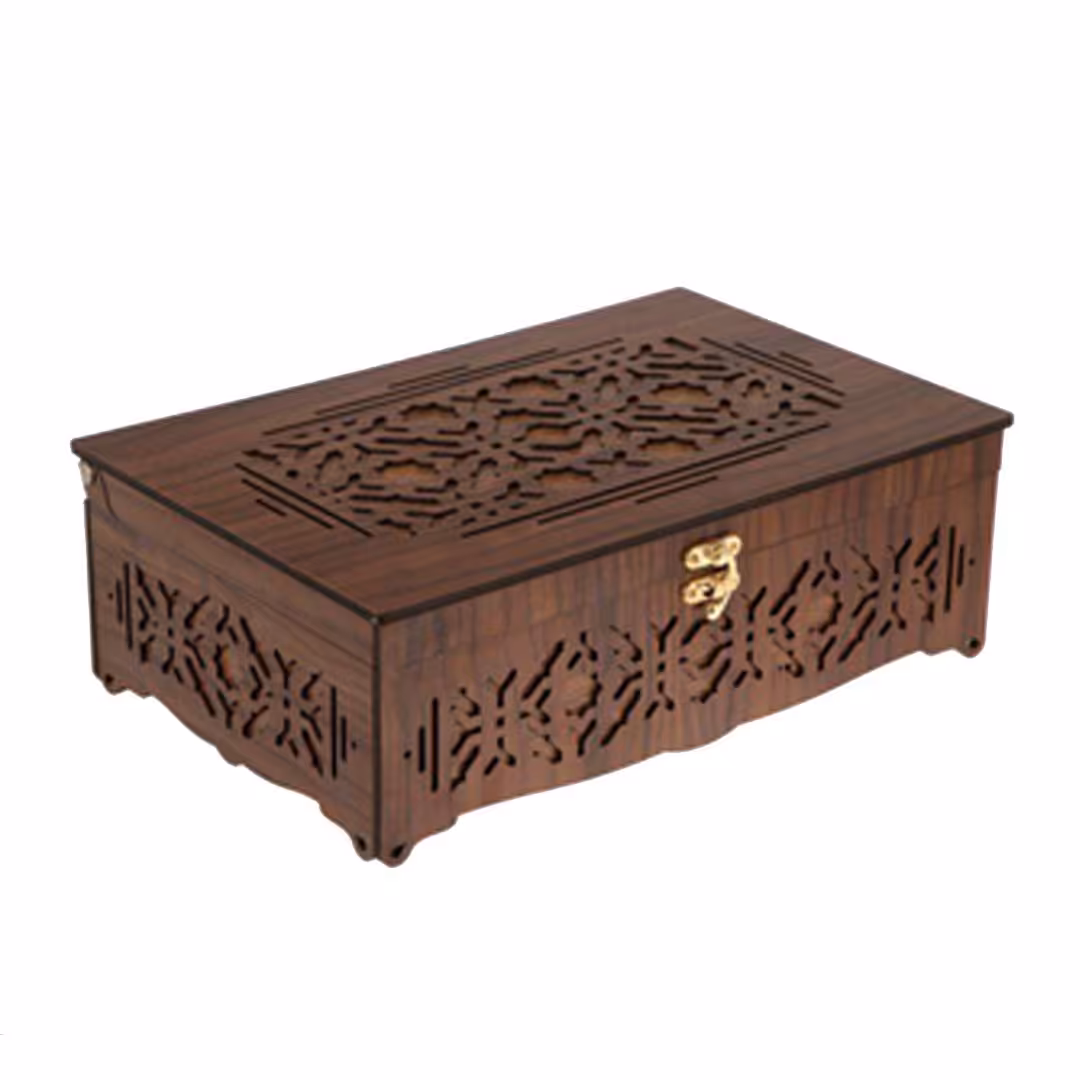 جعبه چوبی پذیرایی تی بگ مستطیلی - جعبه دمنوش آجیل و شکلات دارای درب چوبی در بغل