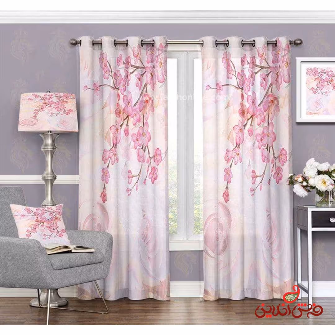 پرده طرح شاخه شکوفه صورتی کد 3383