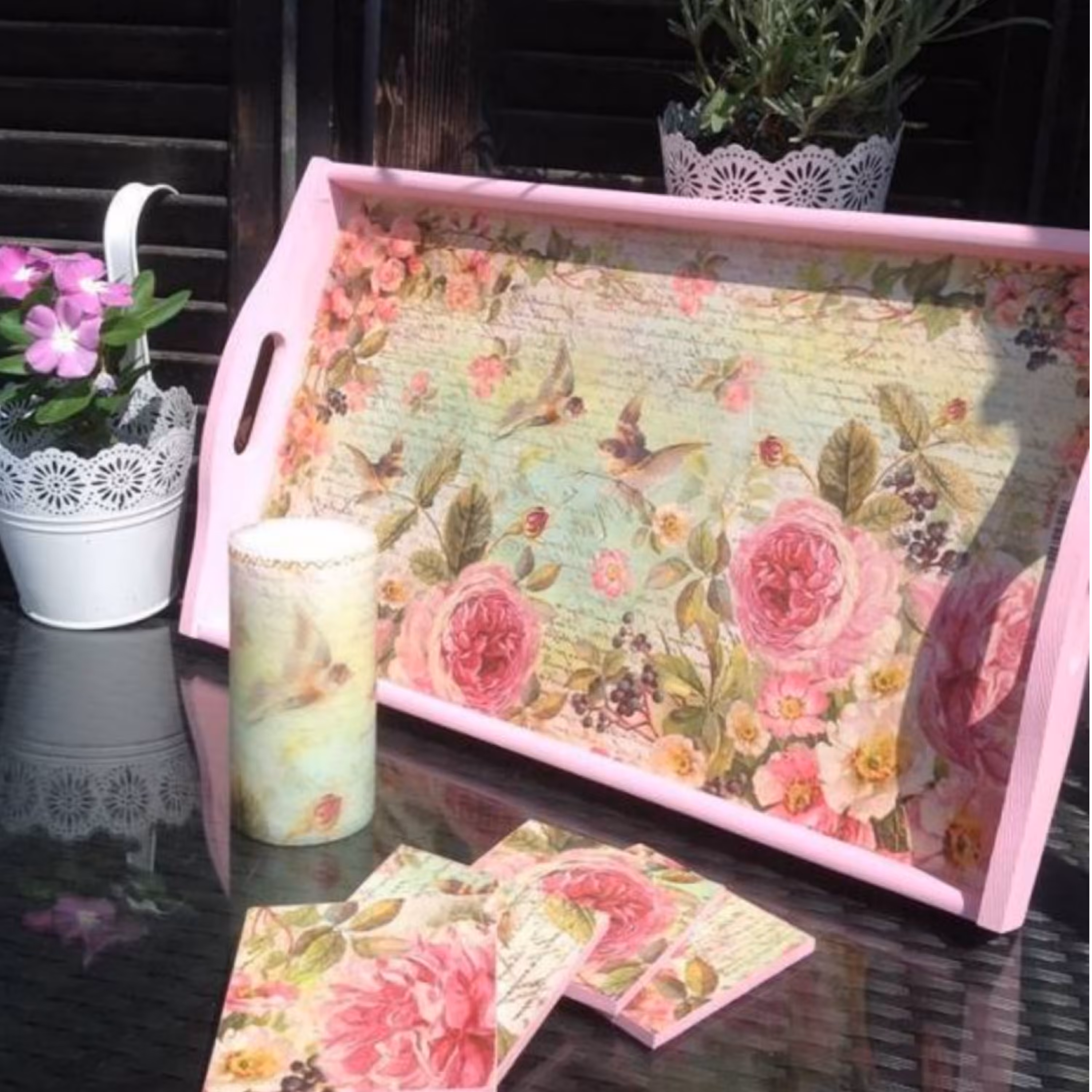 سینی سرو و پذیرایی چوبی طرح رزینی دکوپاژ