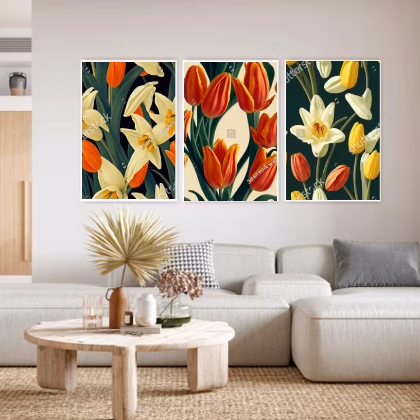 تابلو دکوراتیو فانتزی گلهای رنگی سه تکه 