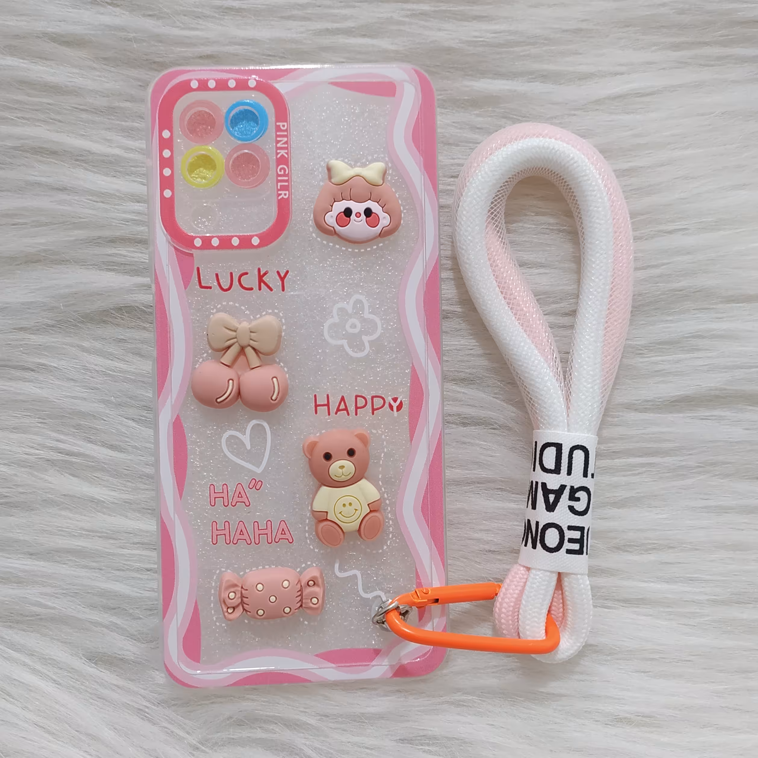 گارد سامسونگ A22 4G ژله ای شفاف عروسکی برجسته به همراه بند آویز happy 