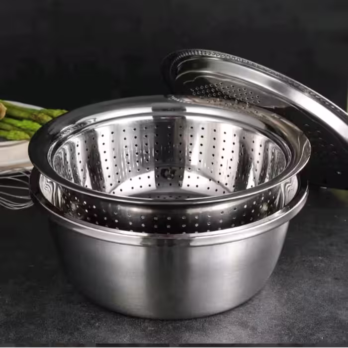 ست سه تیکه لگن و آبکش و رنده چند کاره تمام استیل 