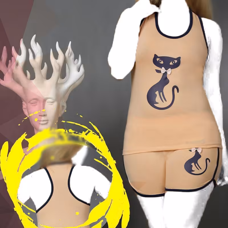 ست تاپ و شورتک گربه پاپیون دار