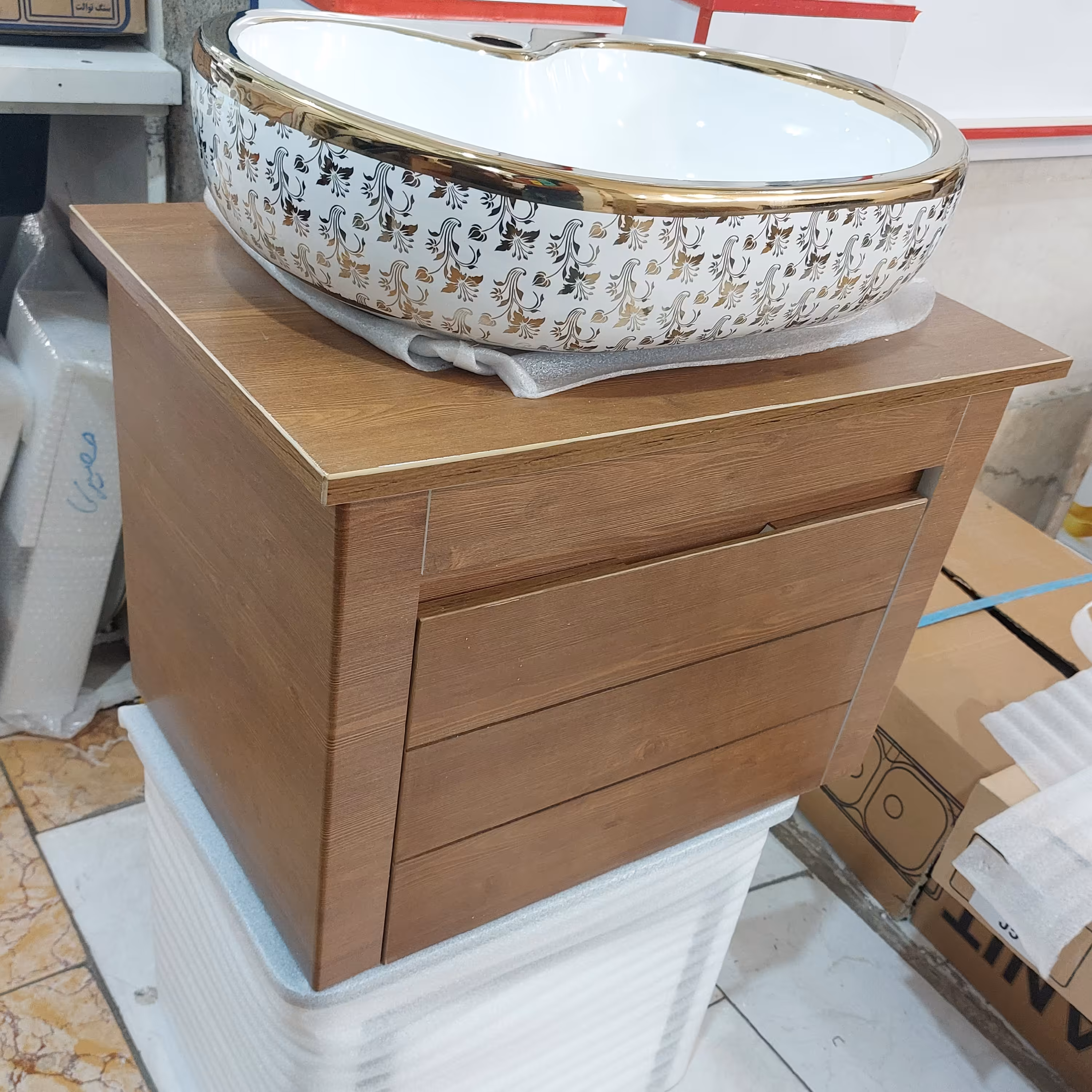 روشویی کابینتی دیواری کاسه طلا کابین طرح چوب پی وی سی (پس کرایه)
