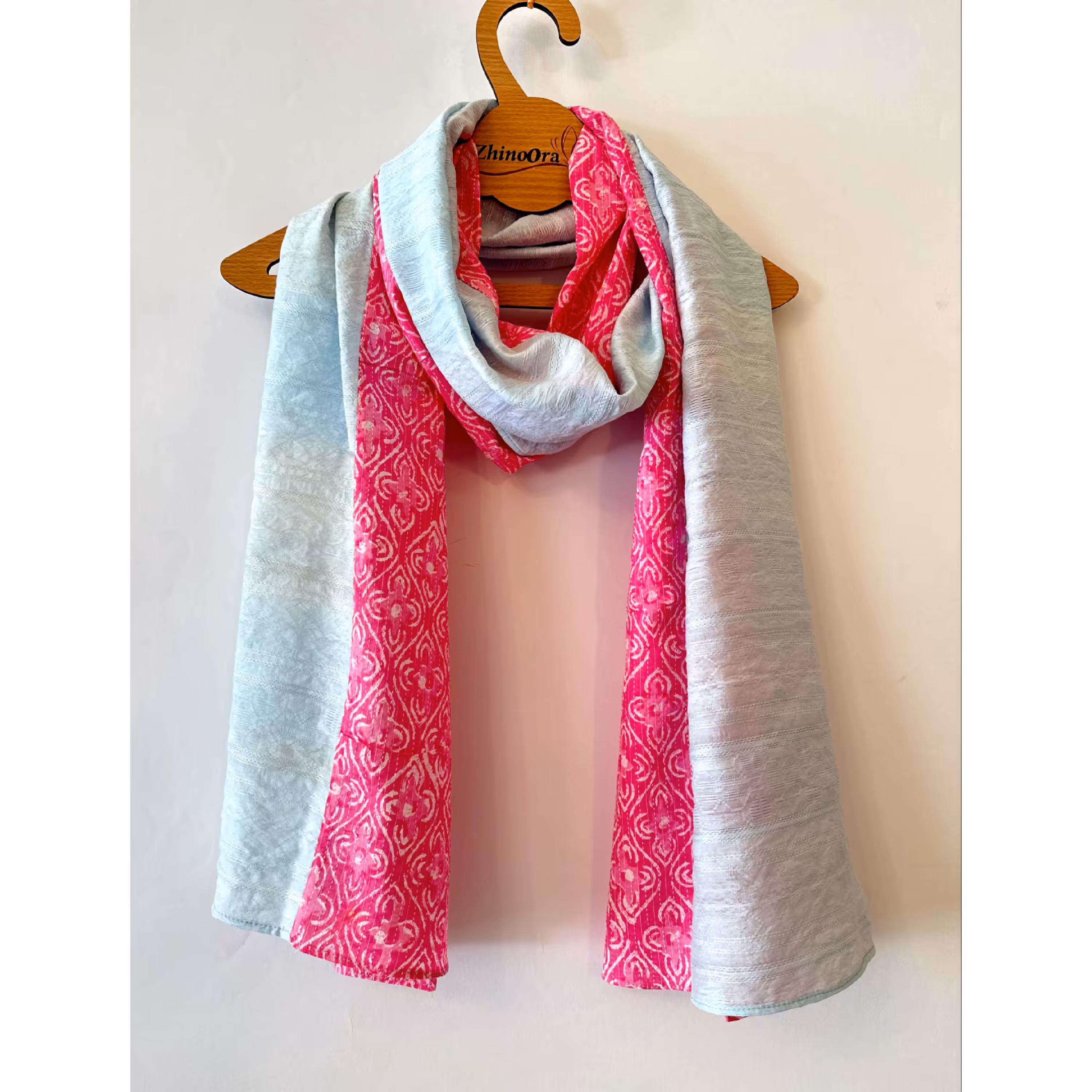 شال مزونی دست دوز  2تیکه صورتی آبی با پارچه باتیک هندی