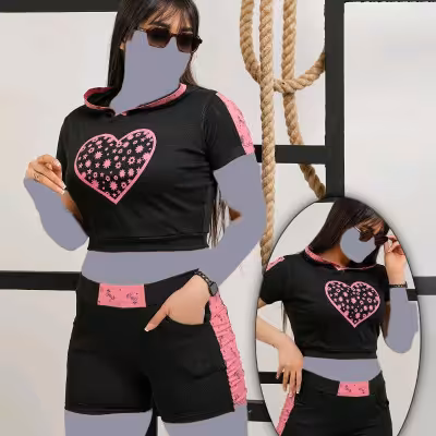 ست باشگاهی نیم تنه کلاهدار و شورتک قلب