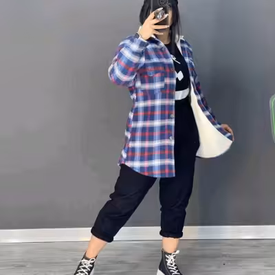 مانتو اسپرت زنانه نخی پشمی مدل شکت چهارخونه داخل خز