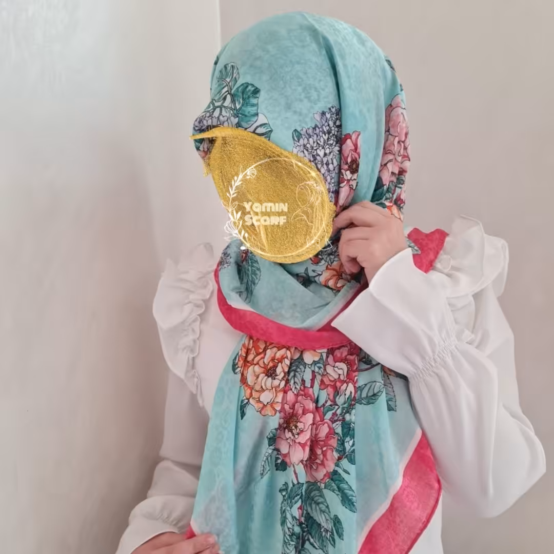 روسری زنانه ابریشم دور دست دوز رنگ فیروزه ای صورتی قواره 120  قیمت مناسب