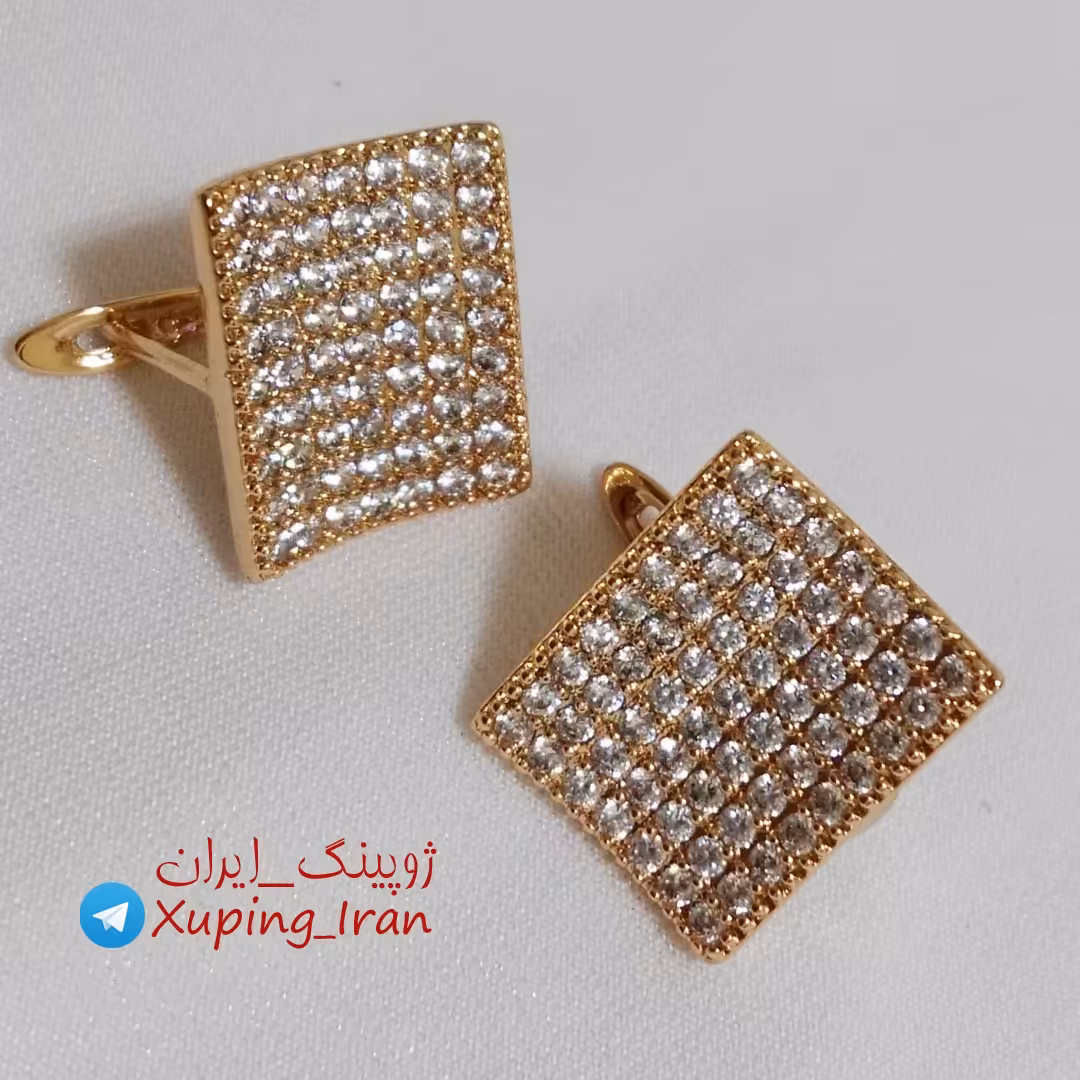 گوشواره ژوپینگ تمام نگین طلایی Xuping طرح طلا مربع لوزی مجلسی شیک