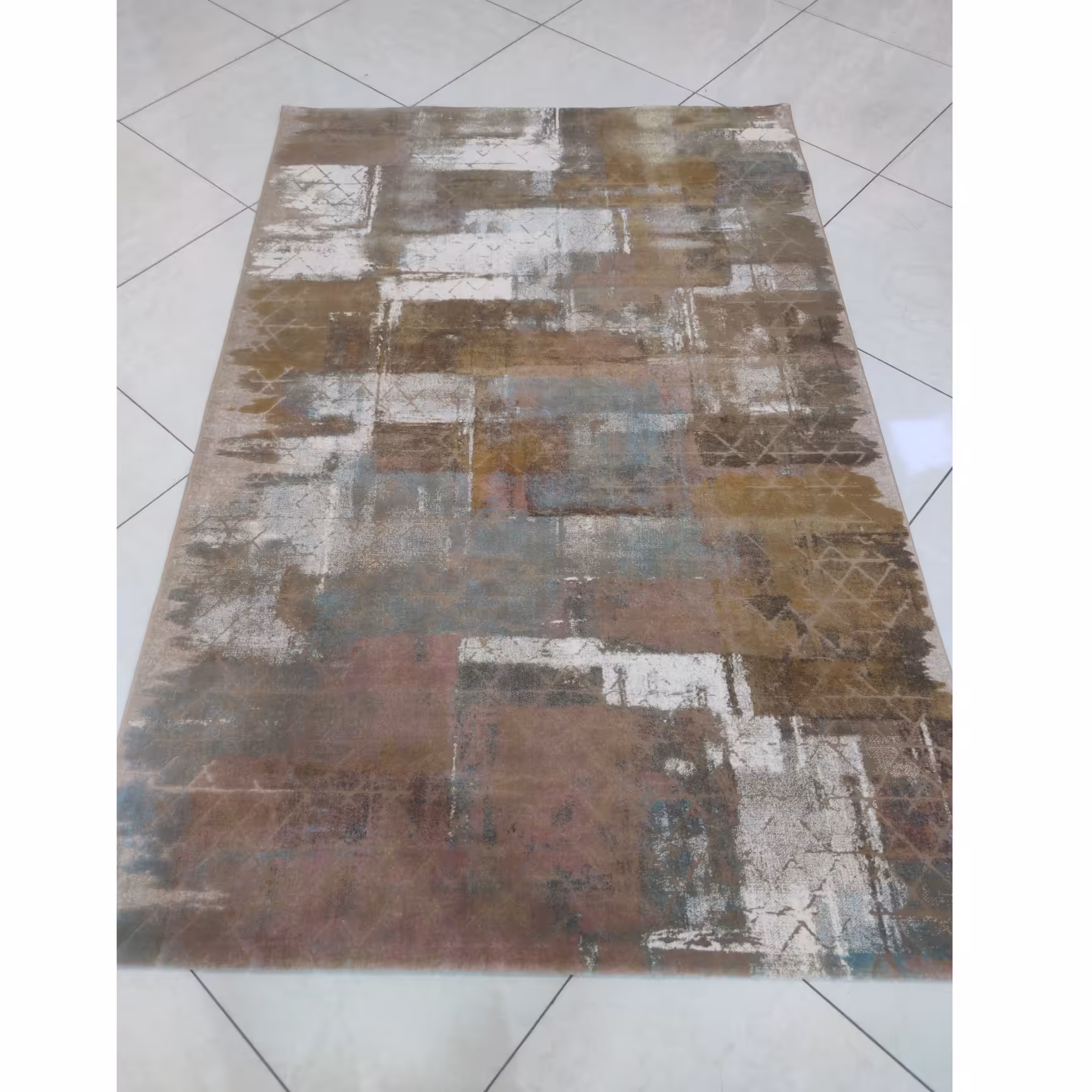 قالیچه فرش ماشینی  طرح مدرن کرم قهوه ای تمام اکرلیک درجه یک بافت ساوین