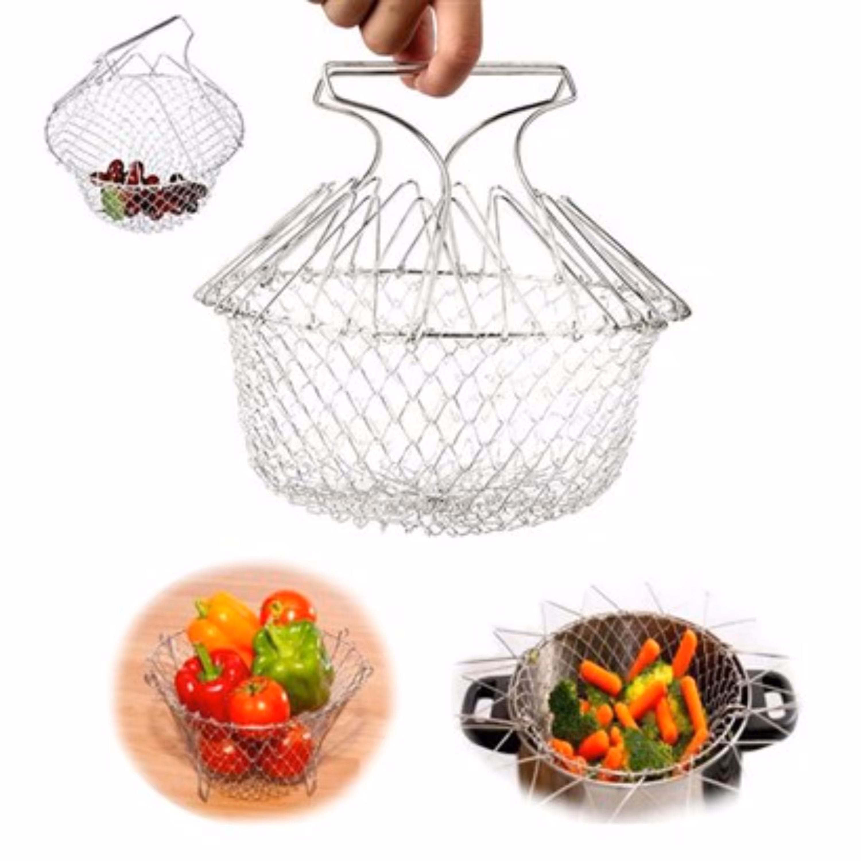 توری سرخ کن تاشو یا روغن گیر بخارپز 100درصد استیل(چف بسکت)